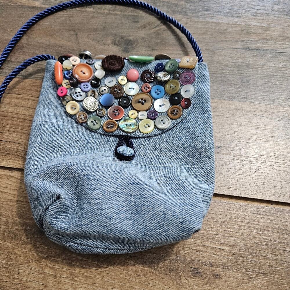 Upcycled Purse Blue Jean Denim Embellished Buttons Shoulder Strap Flap Closure